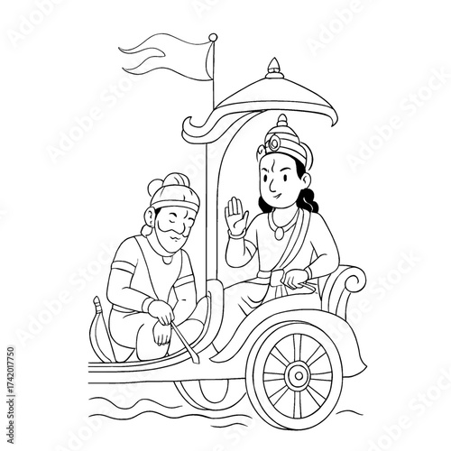 Mahabharata scene of Krishna guiding Arjuna in a chariot, symbolic of the Bhagavad Gita teachings. Line art for mythology-themed coloring pages.
