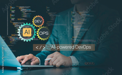 AI automation DevOps software development concept with code architecture agentic AI assistants for artificial intelligence integration, programming, testing, cloud operations in modern tech systems