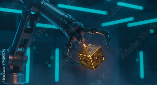 Advanced robotic arm precisely manipulates a glowing golden cube in a futuristic, high-tech laboratory with blue neon lighting.