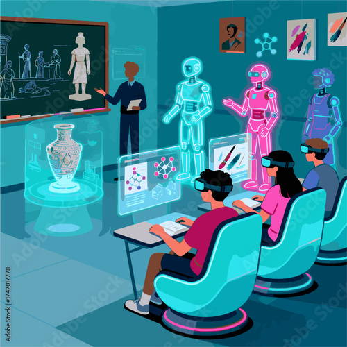 Futuristic classroom with students using AR/VR headsets and holograms. A tech-enhanced learning scene with robots, digital tools, and immersive education for STEM and virtual teaching themes.