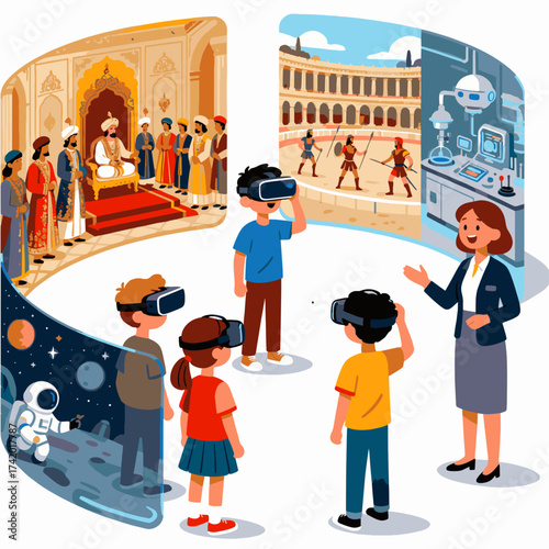 Children explore VR scenes of history, science, and space with a teacher guiding them. A vibrant educational illustration showcasing immersive learning through virtual reality environments.