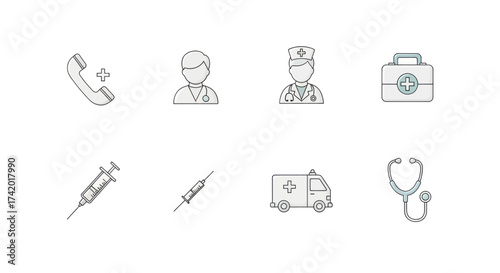 Medical icons for healthcare, emergency services, and doctor consultation