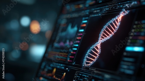 A high-tech computer interface displays a glowing DNA structure as researchers analyze lung cancer genes. The lab is equipped with advanced technology and dramatic lighting.