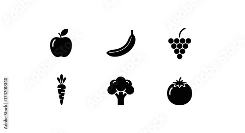 Collection of simple, clean icons representing fresh fruits and vegetables