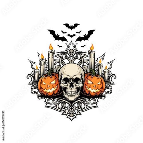Halloween-themed illustration featuring a skull, pumpkins, candles, bats, and decorative elements.