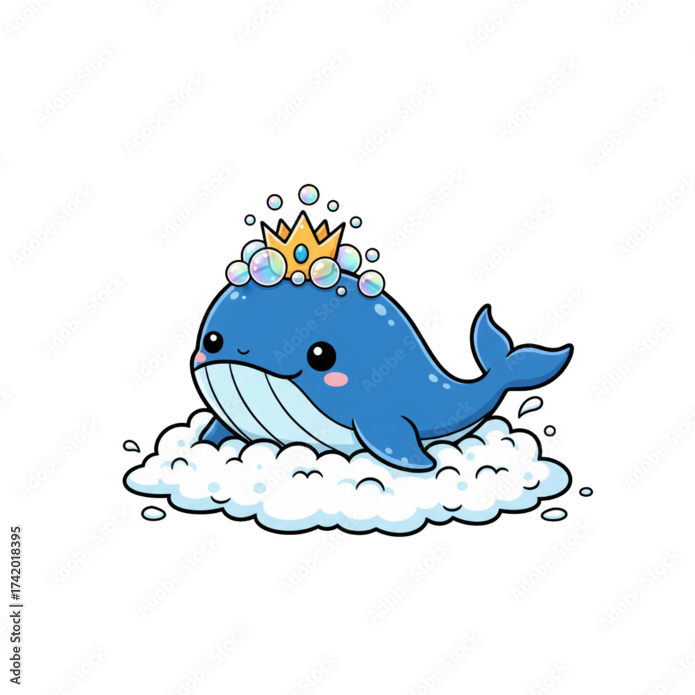 Obraz premium Adorable blue whale cartoon character wearing a crown and floating in bubbles, perfect for children's designs and cute illustrations