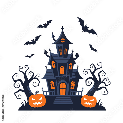 A spooky haunted house with jack-o'-lanterns and bats for Halloween.