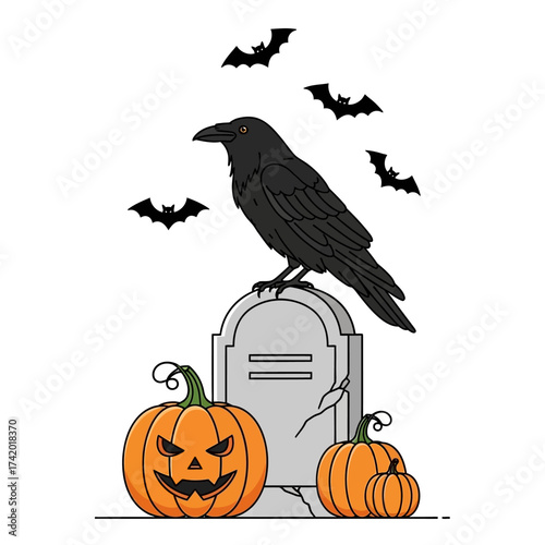 Halloween illustration with a black raven perched on a tombstone, surrounded by carved pumpkins and flying bats.
