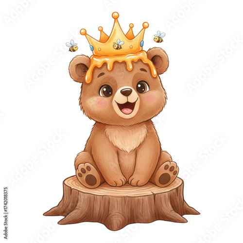 Adorable cartoon bear cub sitting on a tree stump wearing a golden crown with honey dripping, buzzing bees, a whimsical fairytale friend character