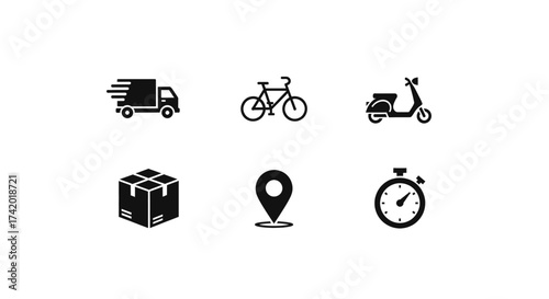 Icons representing fast delivery services, including a truck, bicycle, scooter, package, location pin, and stopwatch.