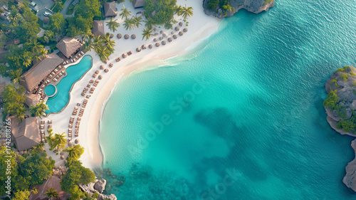 Aerial View of Tropical Beach with Clear Water and Resort Facilities Surrounded by Lush Greenery and Palm Trees