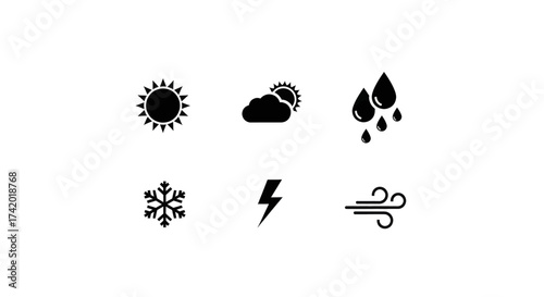 Collection of weather icons representing sun, clouds, rain, snow, lightning, and wind.