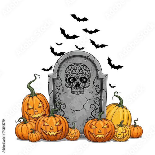 Halloween scene with a decorated tombstone, various carved pumpkins, and flying bats against a white background.