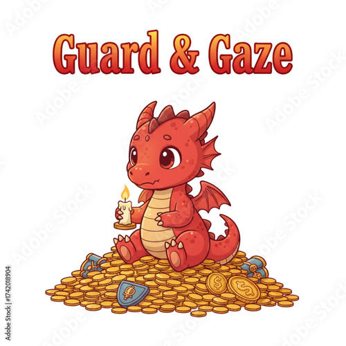 Adorable red dragon guarding his shiny gold coin treasure with watchful gaze and a candle, perfect for fantasy storybooks or whimsical designs