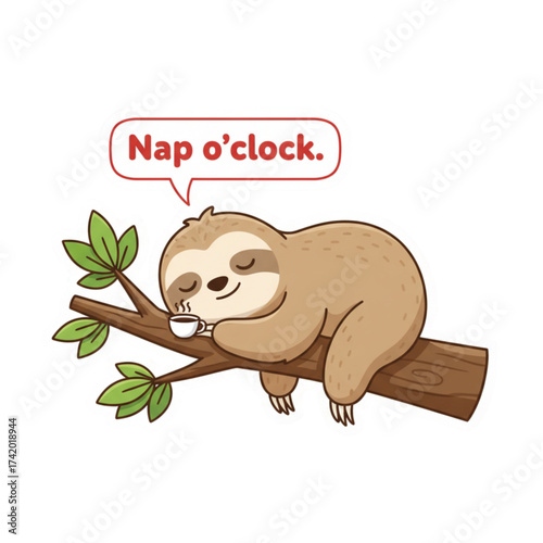 Adorable sloth enjoying coffee break on tree branch, cartoon animal taking a nap, humorous design for relaxation and slow living promotion, vector origin