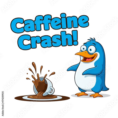 Cartoon penguin experiencing a caffeine crash next to spilled coffee, a humorous illustration about energy depletion and the effects of caffeine withdrawal