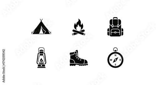 Essential camping gear icons for outdoor adventures