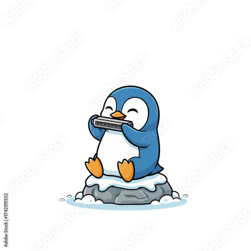Delightful cartoon penguin serenading the world with a harmonica, a whimsical tune for children's books, playful designs, and heartwarming animations