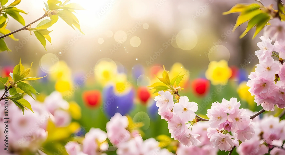 Fototapeta premium Blossom tree flowers with tulips in a blurred garden
