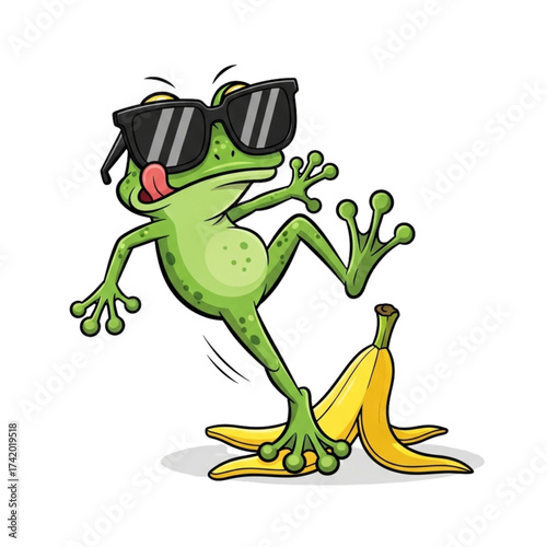 Hilarious cartoon frog slipping on a banana peel wearing sunglasses, a whimsical illustration perfect for humorous content and funny designs, comical mishap