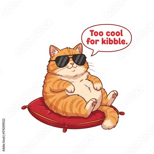 Hilarious ginger cat cartoon lounging in sunglasses, too cool for kibble, perfect for sassy pet lovers and playful merchandise designs