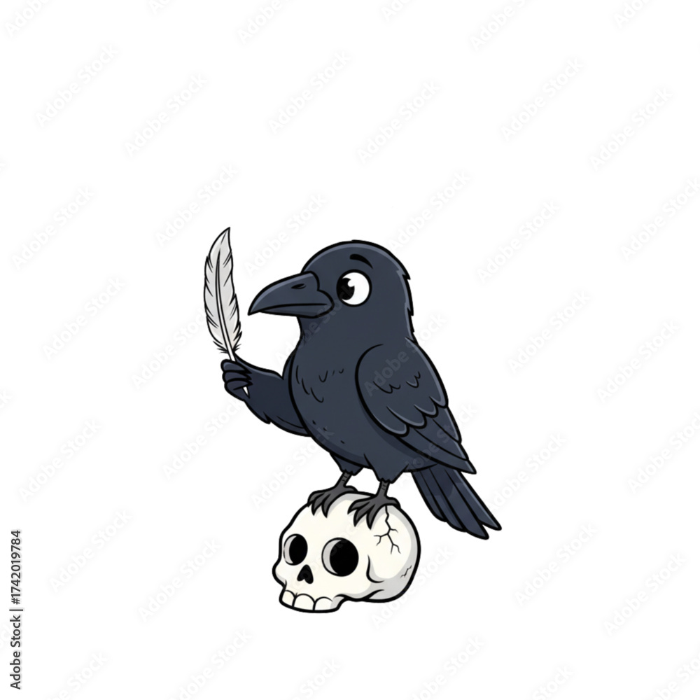 Fototapeta premium Whimsical raven perched atop skull, holding quill feather, perfect for Halloween designs or storybook illustrations, cute cartoon character with spooky vibes