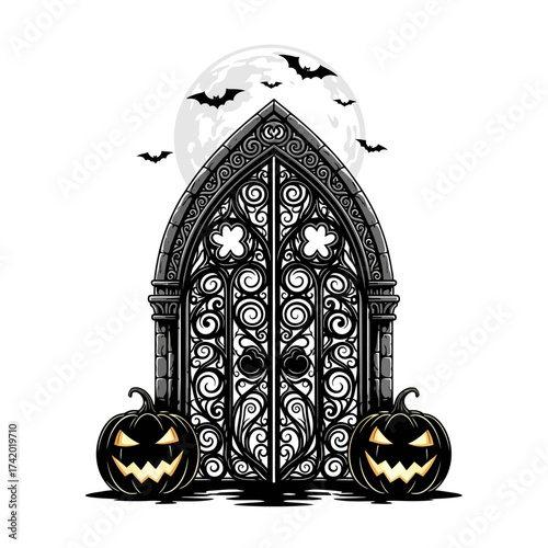 Spooky Halloween scene with an ornate gothic gate, glowing jack-o'-lanterns, a full moon, and flying bats.