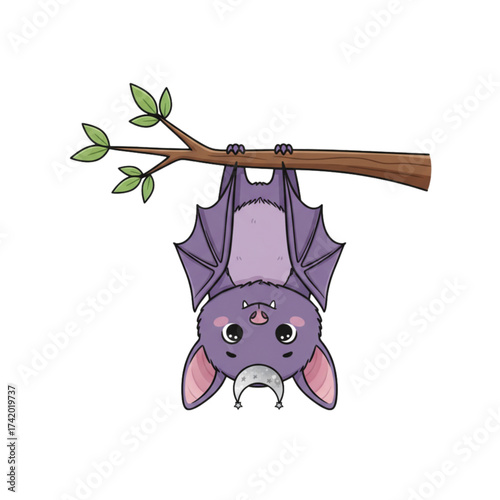 Whimsical purple bat hanging upside down from a branch, holding a crescent moon charm, perfect for Halloween cards or children's books, cute and fun