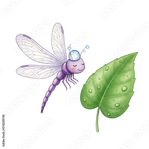 Whimsical dragonfly with dewdrop crown near fresh green leaf, evokes playful fantasy, perfect for children's designs, invitations, and nature themes
