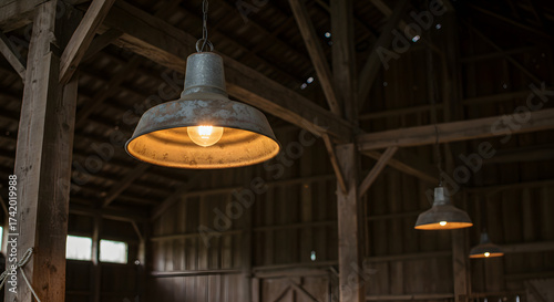 **Rustic Barn Interior with Vintage Industrial Pendant Lights**