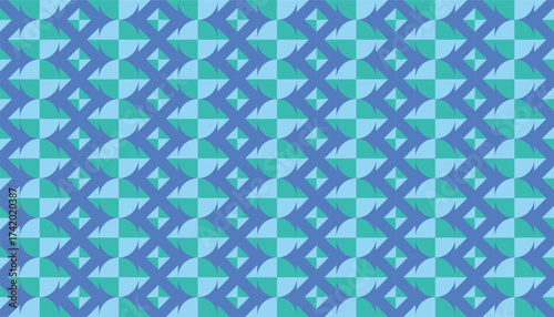 Seamless geometric pattern in blue and turquoise tones with semicircle and cross shapes. Modern abstract background inspired by retro design