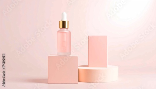 Minimalist cosmetic dropper bottle mockup with gold details on pink geometric pedestals, ideal for serum, oil, or skincare product presentations, beauty branding, and clean packaging design template