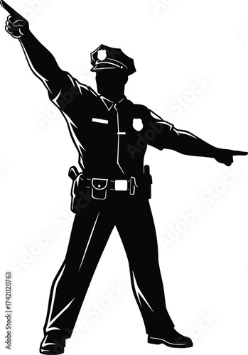 Police officer directing traffic with hand signals, a law enforcement authority vector silhouette