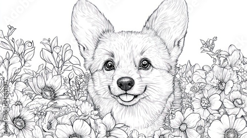 Cute corgi puppy surrounded by flowers, line art, coloring page, kids activity