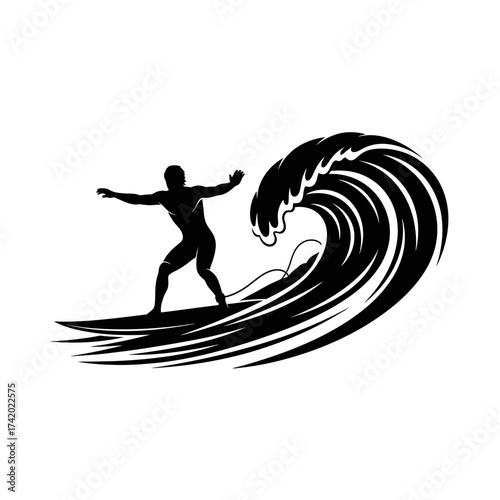 Dynamic surfer silhouette riding a powerful wave crest, perfect for surf brand, beach lifestyle, or travel adventure designs with a modern, minimalist aesthetic