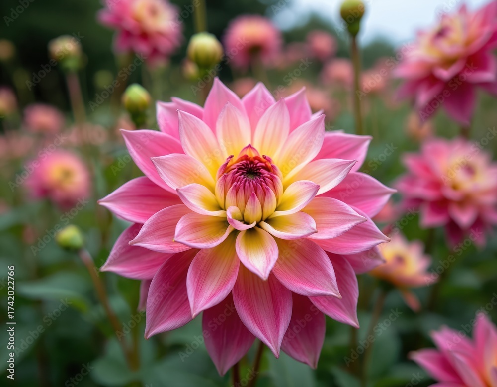Obraz premium Close-up of vibrant dahlia flower Miss Delilah. Bloom displays striking pink petals surrounding creamy yellow center. Green foliage forms backdrop to beautiful floral specimen in garden setting.