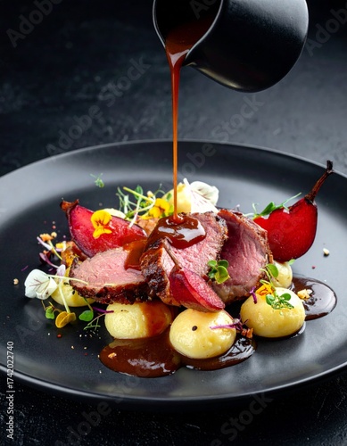 Fine dining duck breast with caramelized pear, creamy potatoes, microgreens, edible flowers, rich sauce, dark plate, moody elegant gourmet style.