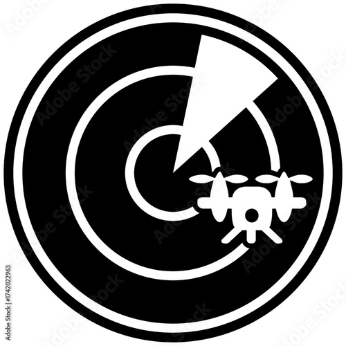 Icon zur Drohnenabwehr und Luftraumüberwachung mit Radar. Zeigt einen Quadrocopter in der Erfassungszone eines Radarschirms. Ideal für Sicherheit und Technologie.