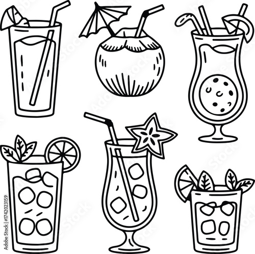 Hand drawn tropical cocktails and refreshing drinks collection