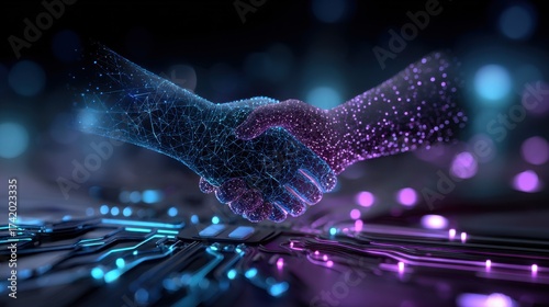 Wallpaper Mural Wireframe hands engage in a handshake above a glowing circuit board. The backdrop features blue and magenta light streaks, representing digital partnership and smart contracts. Torontodigital.ca