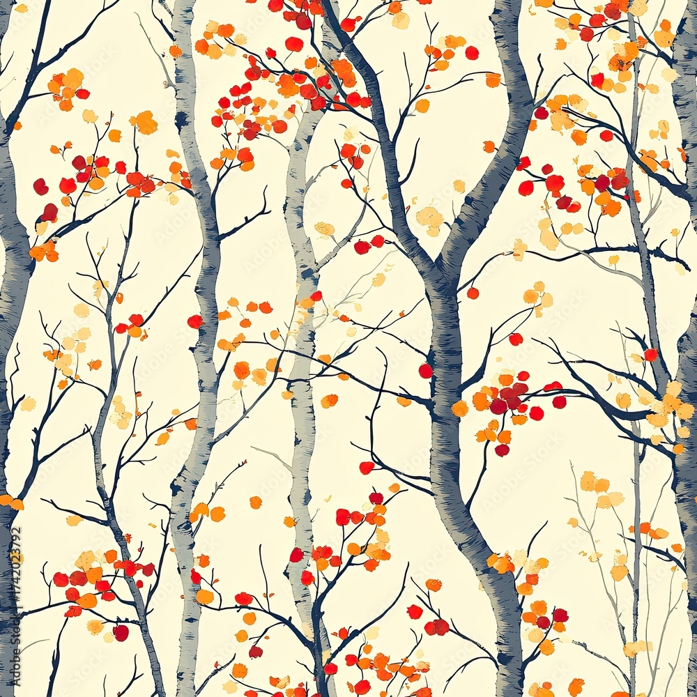 Fototapeta premium Seamless autumn tree pattern with red berries, seasonal nature design for textiles and decor.
