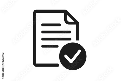 Check mark on document icon. Business contract approved. Agreement signed and sealed. Task completed, job done. Verified and validated form. Policy compliance checklist.