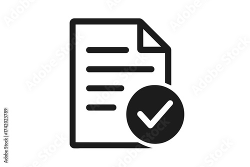 Approved document icon with check mark. Business contract, agreement validation. Compliance report, policy confirmed. Verified, completed task. Quality check passed vector.