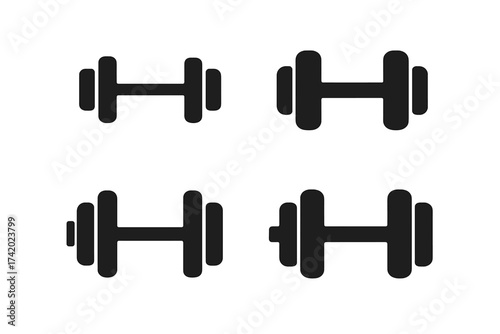 Dumbbell icon vector set. Gym fitness symbol collection. Weight training silhouette. Bodybuilding equipment pictogram. Barbell for workout, muscle lifting, strength exercise.