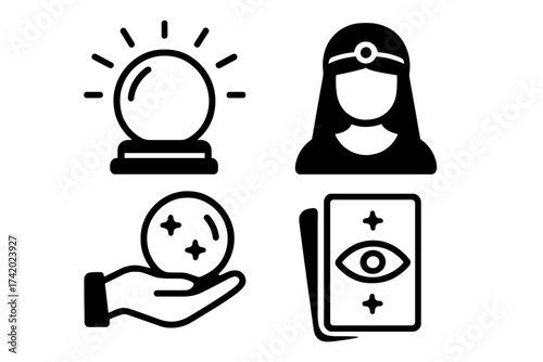 Fortune teller vector icon set for future prediction. Esoteric symbols collection with crystal ball, psychic gypsy person and magic tarot card for spiritual clairvoyance.