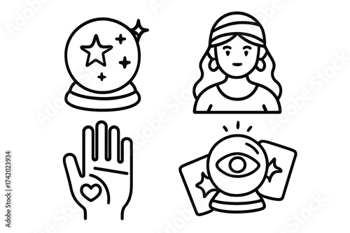 Fortune telling icon set. Future prediction symbols. Vector line art of gypsy, crystal ball, palmistry hand and tarot cards. Esoteric, magic, spiritual and mystical concepts.