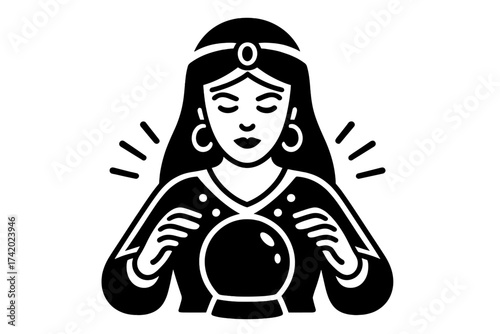 Fortune teller vector icon with crystal ball. Symbol of prediction, forecasting the future. Mystic psychic for spiritual divination, esoteric magic, oracle, clairvoyant concept.