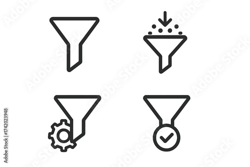Funnel and filter line icon set. Data processing, lead generation, sales conversion. Marketing funnel concept for business analysis. Website UI elements with settings and complete.