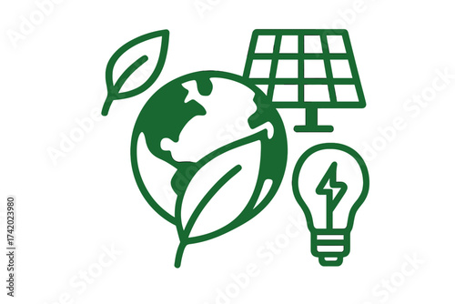 Go green icon set. Green energy concept. Planet Earth, solar panel, and lightbulb symbols. Renewable power, sustainability, and ecology vector illustration for the environment.