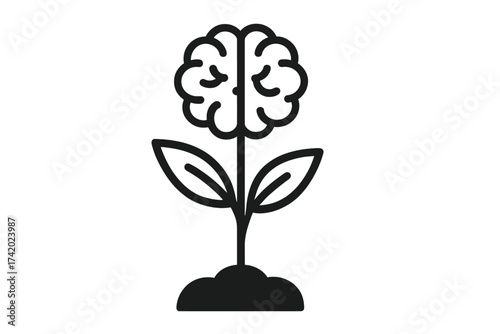 Growth mindset icon. Plant with brain flower symbol. Personal development, self improvement, and positive psychology concept. Knowledge growth, learning, and mental health vector.